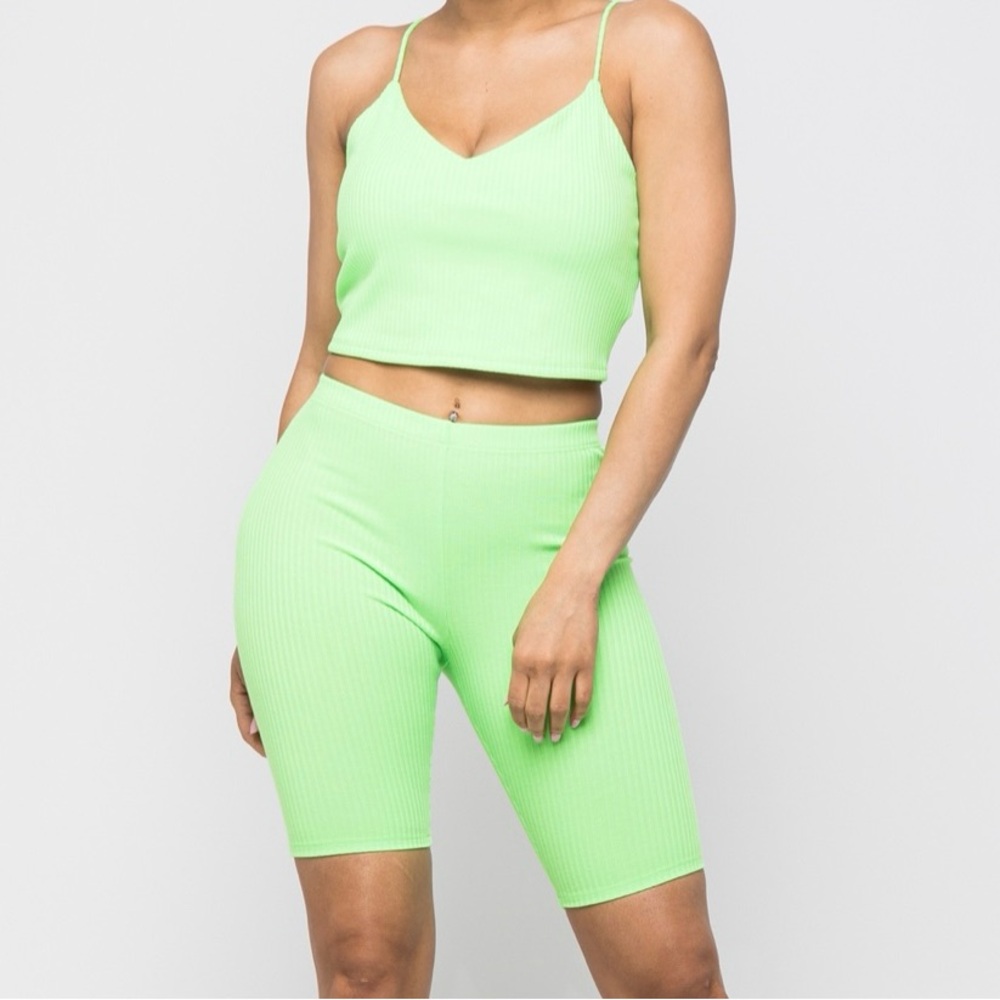 Neon Green Ribbed Crop Top and Biker Shorts Set